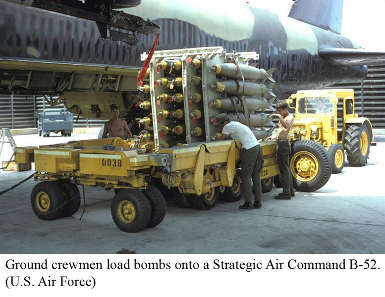 Ground crewmen load bombs onto a Strategic Air Command B-52. (U.S. Air Force)